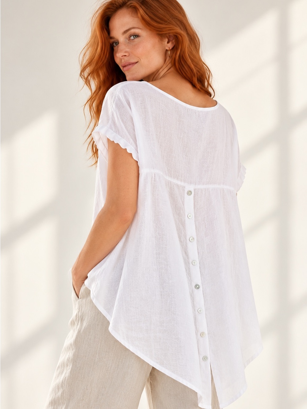 Terzo Millennio White 100% Linen High Low Back Button Top L Made Italy
